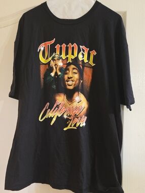 Tupac California Love Black Graphic T-Shirt with Yellow & Orange Script